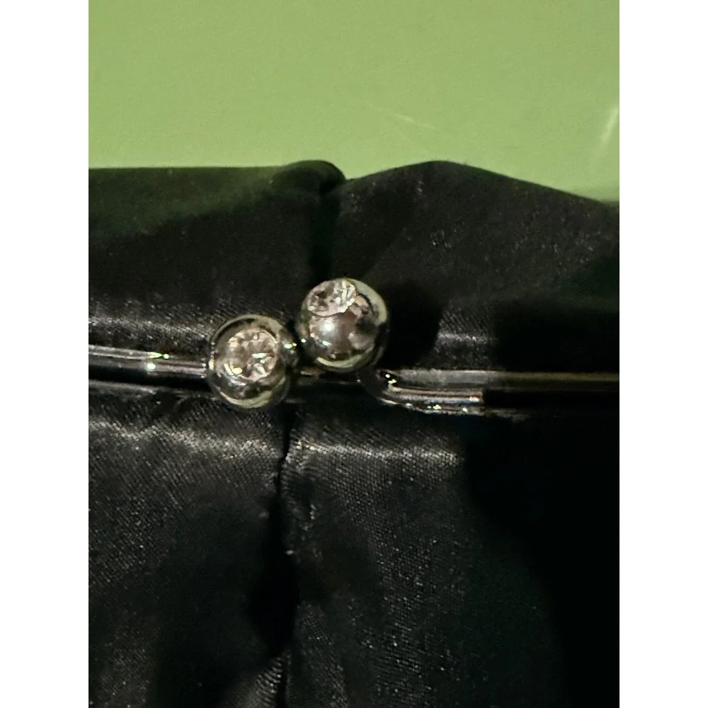 Nine West Black Satin Pleated Evening Clutch Rhinestone Kiss Lock Chain Strap